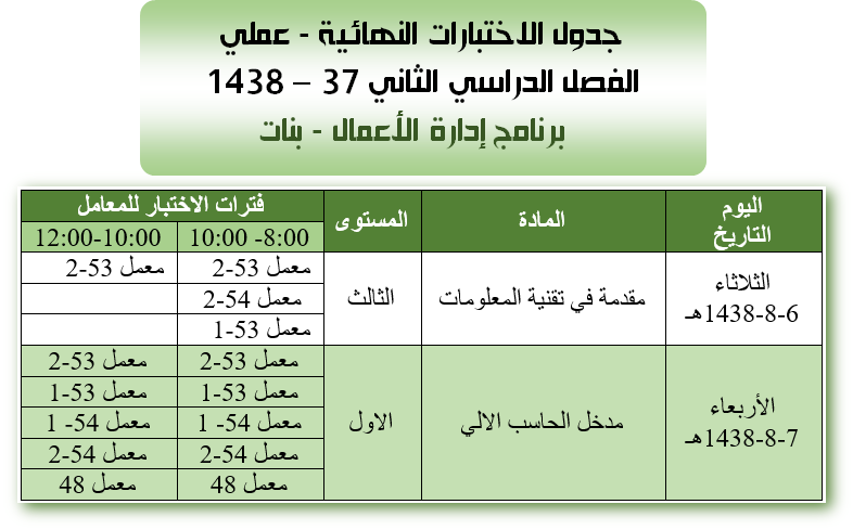 جدول الاختبارات العملية النهائية - إدارة أعمال - بنات - الفصل الدراسي الثاني 37 - 1438هـ
