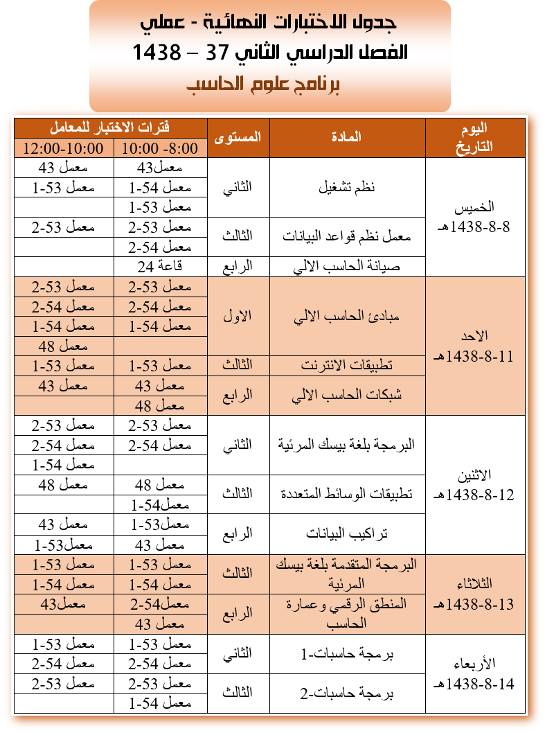 جدول الاختبارات العملية النهائية - علوم الحاسب - بنات - الفصل الدراسي الثاني 37 - 1438هـ