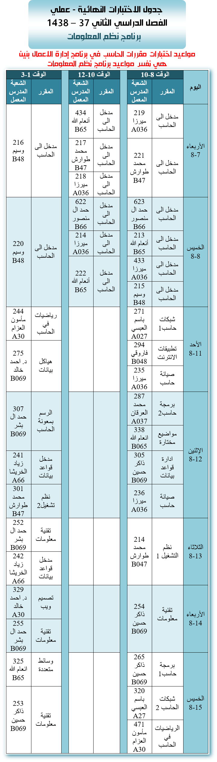 جدول الاختبارات العملية النهائية - نظم المعلومات - الفصل الدراسي الثاني 37 - 1438هـ