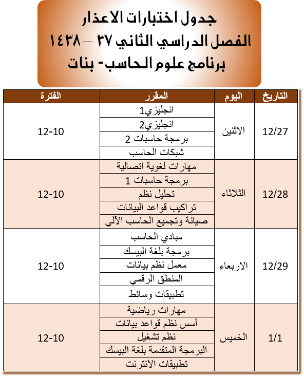 جداول اختبارات الأعذار لطلاب وطالبات كلية المجتمع - الفصل الثاني 37 - 1438