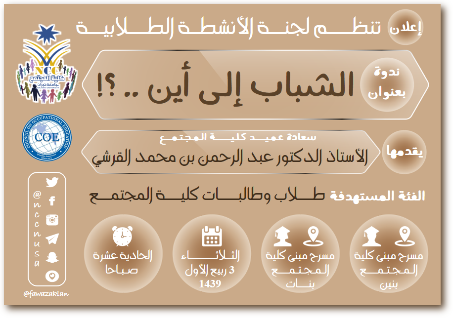 لجنة الأنشطة الطلابية تنظم ندوة بعنوان "الشباب الى أين؟" يقدمها سعادة عميد الكلية - الفصل الأول 38-1439، كلية المجتمع، جامعة نجران