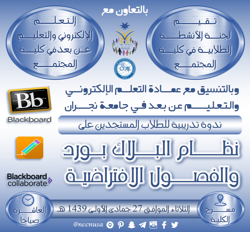 ندوة تدريبية للطلاب المستجدين على نظام البلاك بورد والفصول الافتراضية - الفصل الثاني 38 - 1439، كلية المجتمع، جامعة نجران