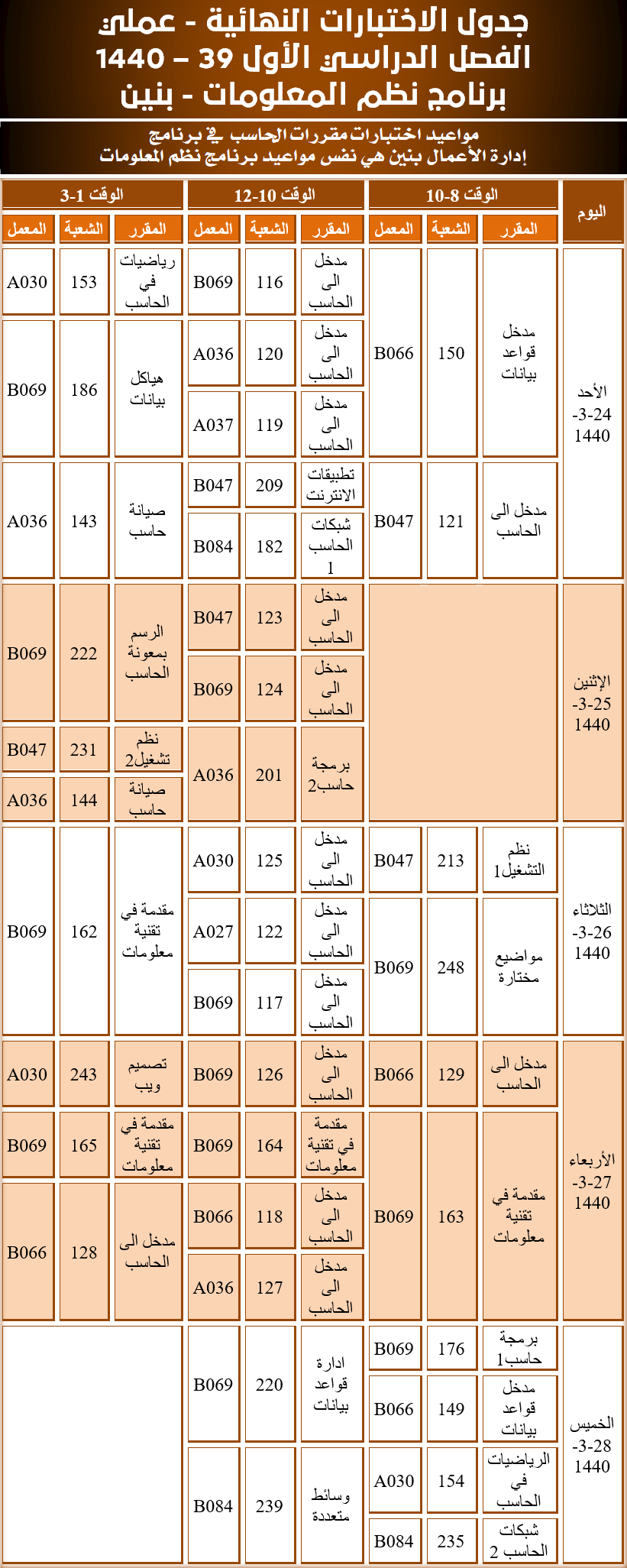  جدول الاختبارات النهائية عملي - نظم المعلومات - الفصل الدراسي الأول 39 - 1440