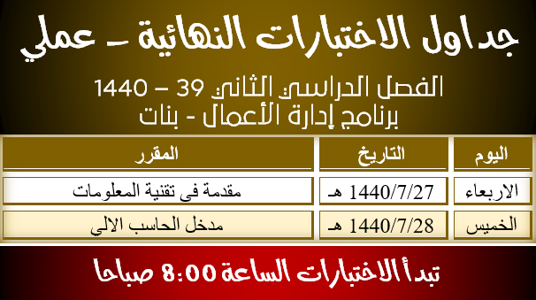 جدول الاختبارات النهائية عملي - إدارة الأعمال بنات - الفصل الدراسي الثاني 39 - 1440، كلية المجتمع، جامعة نجران