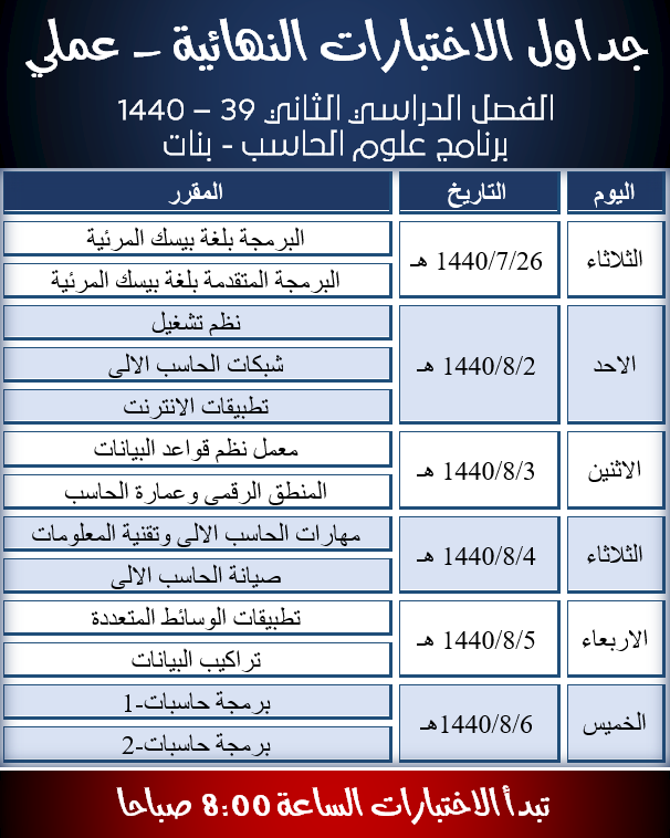 جدول الاختبارات النهائية عملي - علوم الحاسب بنات - الفصل الدراسي الثاني 39 - 1440، كلية المجتمع، جامعة نجران