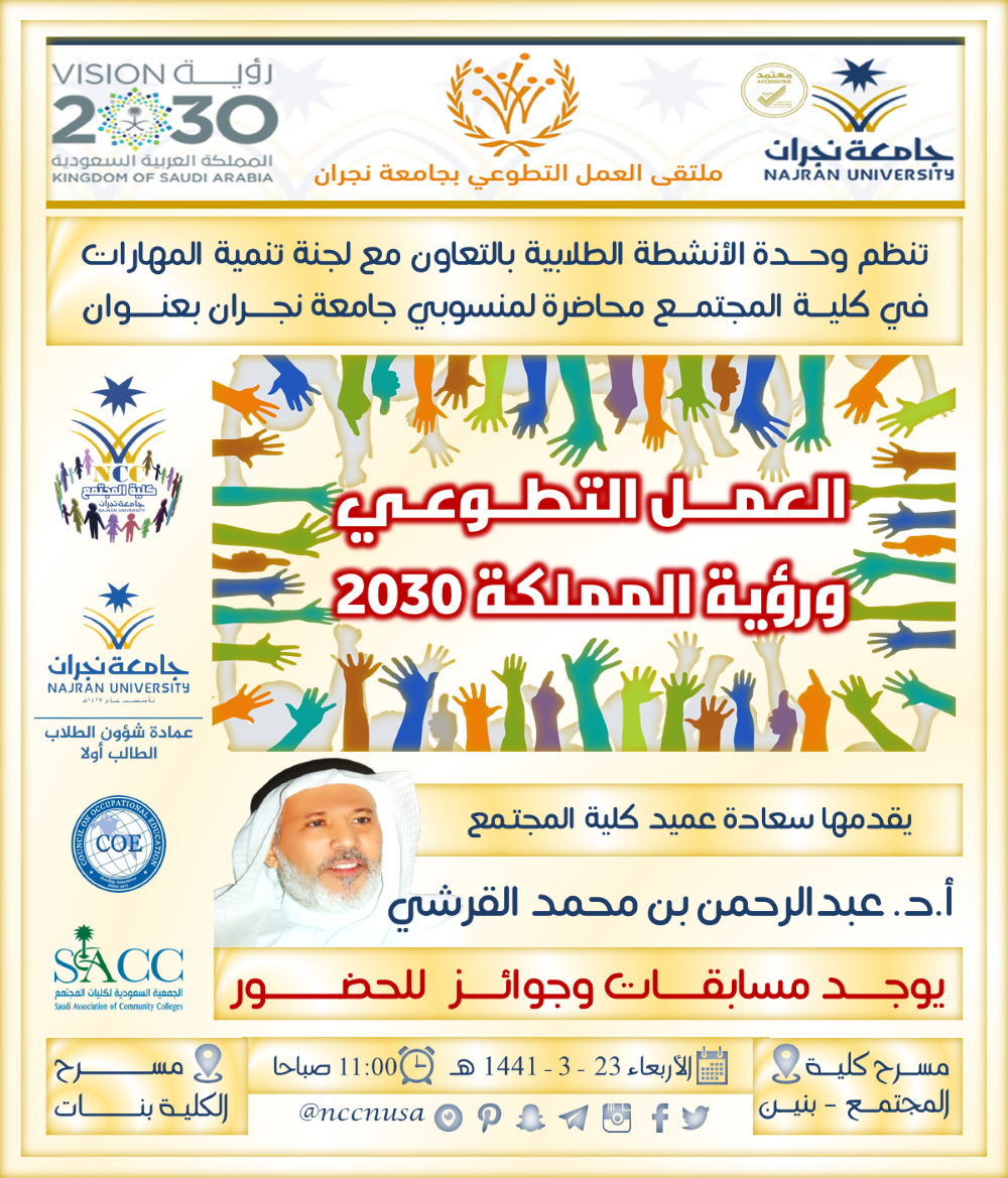 سعادة عميد الكلية يقدم محاضرة بعنوان العمل التطوعي ورؤية المملكة 2030 - الفصل الأول 40 – 1441