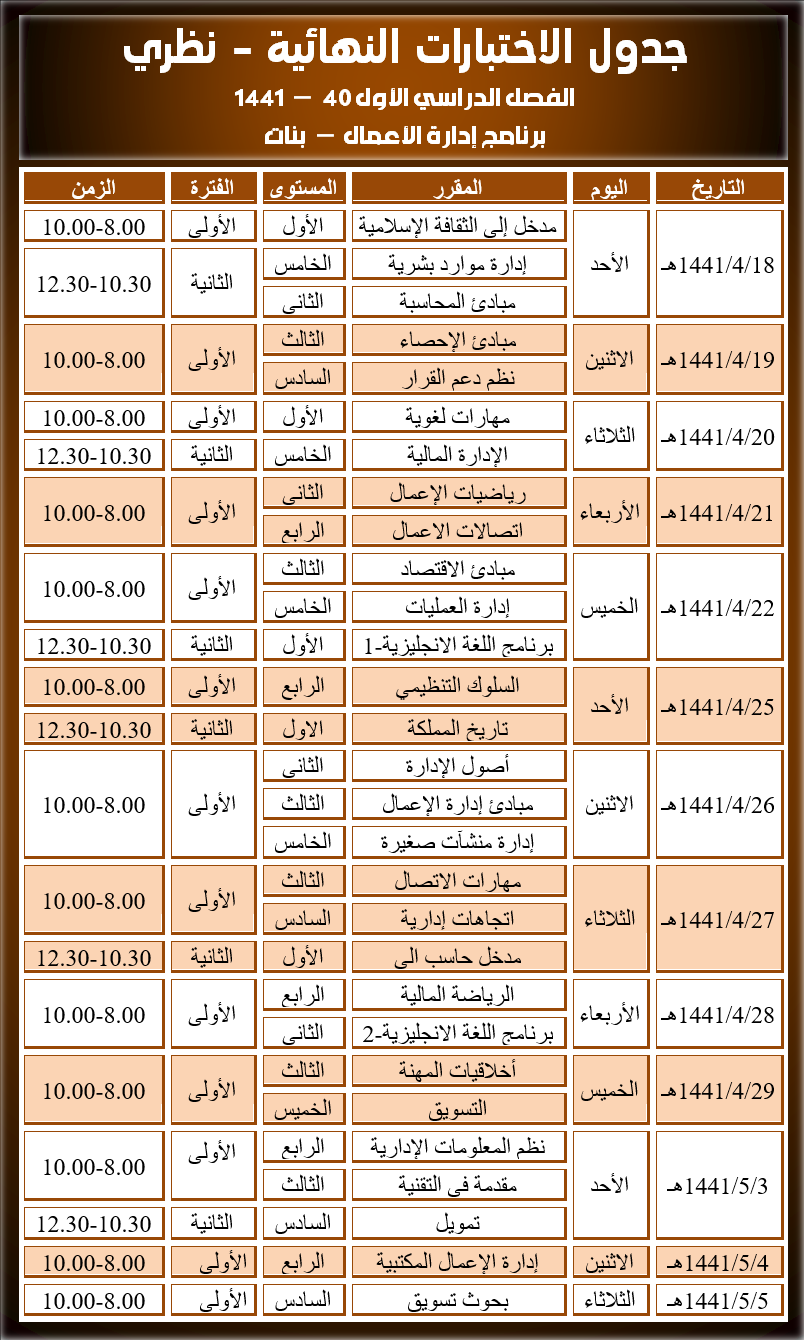  جداول الاختبارات النهائية - نظري - إدارة الأعمال - بنات - الفصل الفصل الأول 40 - 1441