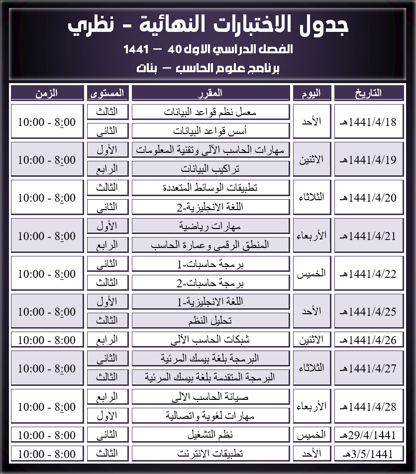 جداول الاختبارات النهائية - نظري - علوم الحاسب - بنات - الفصل الأول 40 - 1441