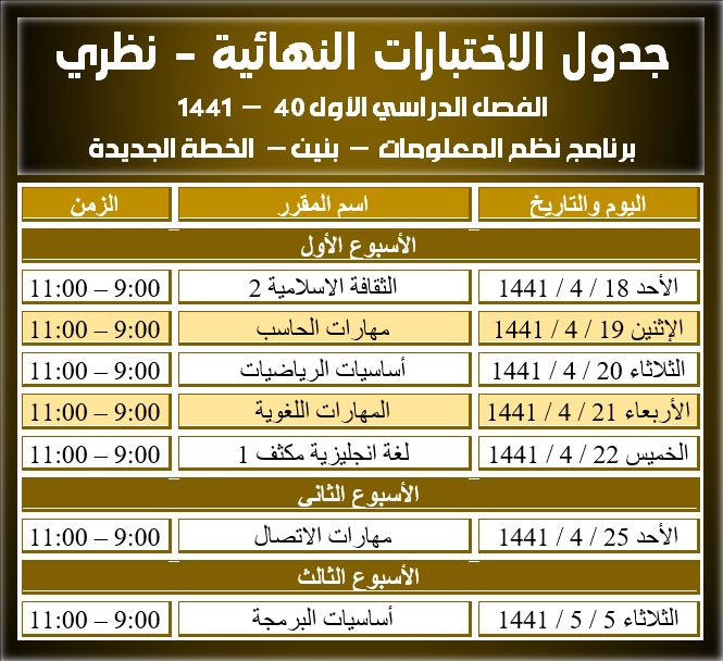 جداول الاختبارات النهائية - نظري - نظم المعلومات - بنين - الخطة الجديدة - الفصل الأول 40 - 1441