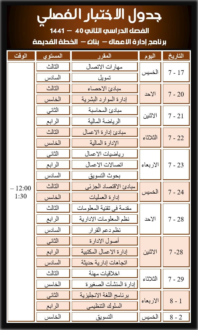 الاختبار الفصلي - برنامج إدارة الأعمال - بنات - الخطة القديمة - الفصل الدراسي الثاني - 40 - 1441 هـ