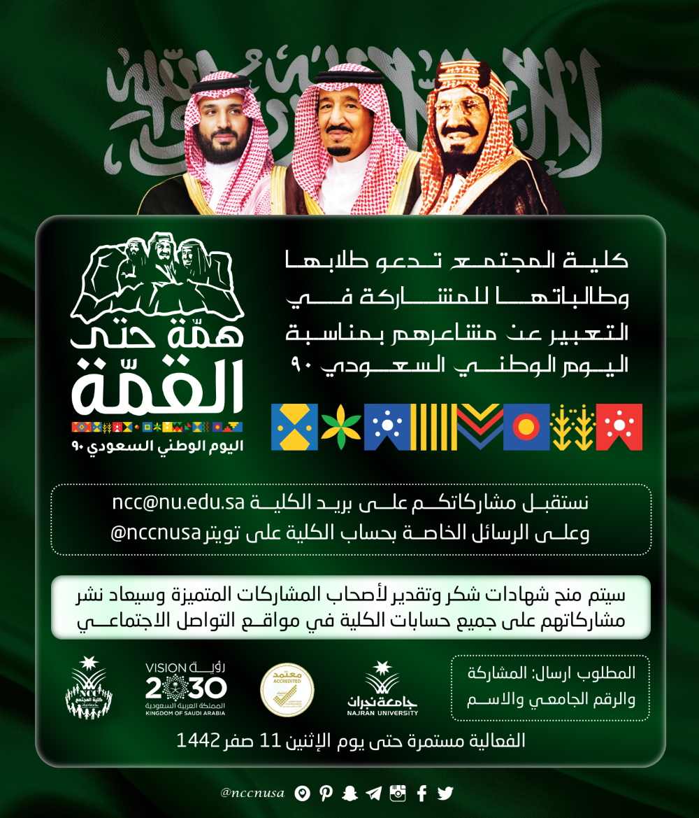 دعوة لطلاب وطالبات كلية المجتمع للمشاركة في التعبير عن مشاعرهم بمناسبة اليوم الوطني السعودي 90