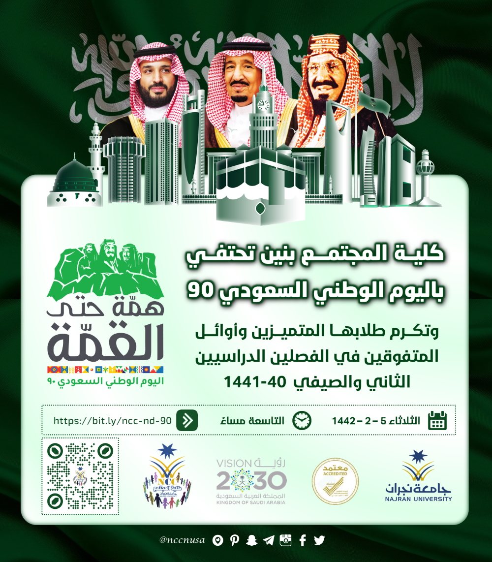 احتفاء كلية المجتمع باليوم الوطني السعودي 90 وتكريم الطلاب المتميزين وأوائل المتفوقين في الفصلين الثاني والصيفي 40-1441