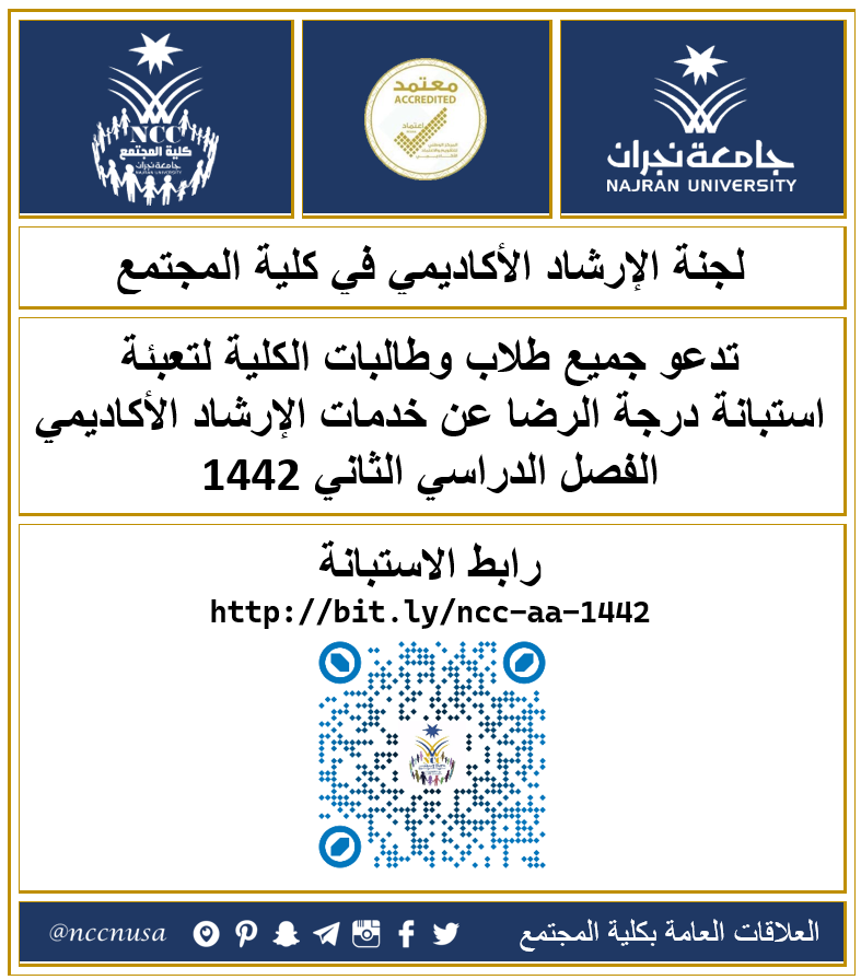 دعوة لجميع طلاب وطالبات كلية المجتمع لتعبئة استبانة درجة الرضا عن خدمات الإرشاد الأكاديمي - الفصل الثاني 1442