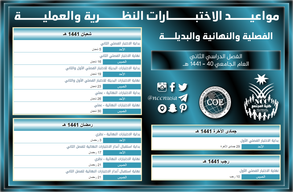 مواعيد الاختبارات النظرية والعملية: الفصلية والنهائية والبديلة - الفصل الثاني 40 - 1441