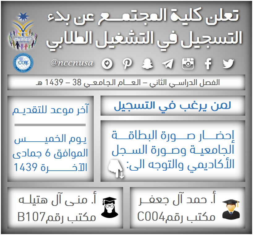 كلية المجتمع تبدأ التسجيل في التشغيل الطلابي - الفصل الدراسي الثاني 38 - 1439، جامعة نجران