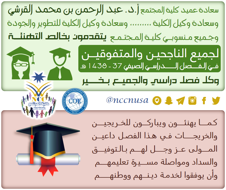 تهنئة للطلاب الناجحين والمتفوقين والخريجين - الفصل الدراسي الصيفي 37 - 1438، كلية المجتمع، جامعة نجران